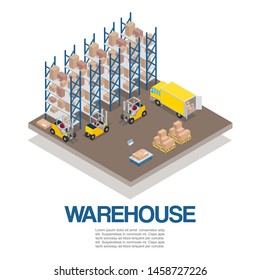 Warehouse with forklifts and truck isometric vector illustration. Storage 3d warehouse isolated on white. Palletes and boxes for storage and transportation with cargo machinery.