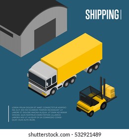 Warehouse And Freight Shipping Isometric Vector Illustration. Forklift With Packing Boxes Loading Freight Truck Near Warehouse. Warehouse Logistics, Local Cargo Shipping And Distribution Business