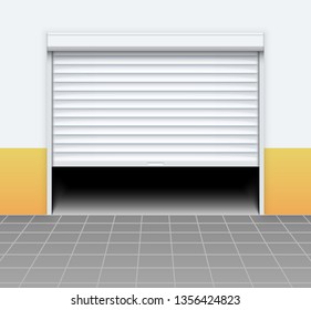 Warehouse or garage roller shutter door. Factory roller door entrance, floor building store shop interior.