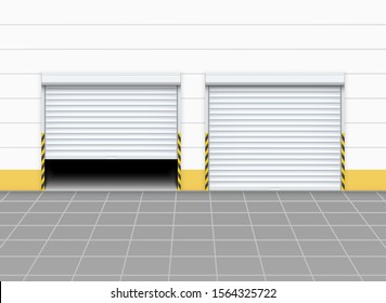 Warehouse or garage roller shutter door. Factory roller door entrance, floor building store shop interior.