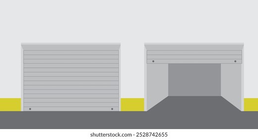 Warehouse or garage roller shutter door. Factory roller door entrance, floor building store shop interior.