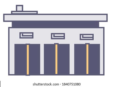 Warehouse Or Garage With Space For Goods Storage. Isolated Building Construction, Facility Or Manufacturing Company. Factory Or Enterprises Exterior Of Modern Structure. Vector In Flat Style