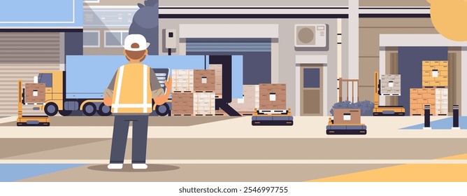 Warehouse garages owner controls loading of cargo by robots. Logistics business flat vector illustration