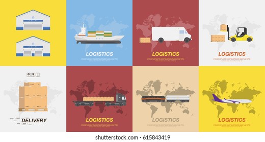 Warehouse goods, land transport, air and sea. Set flat vector illustrations on the theme of logistics and transport.