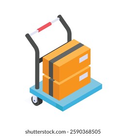 Warehouse hand truck carrying stacked packages for delivery and logistics.