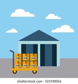warehouse with handcart with carton boxes. export and import concept. colorful design. vector illustration