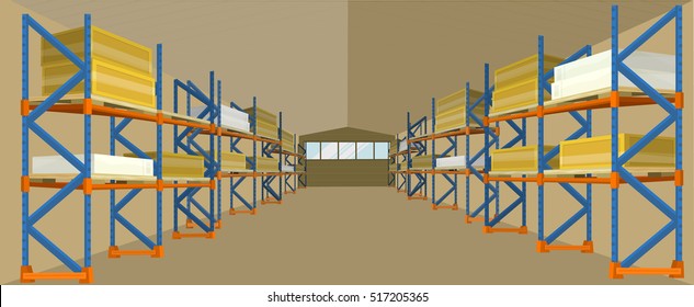 Warehouse Hangar Building Vector. Flat Design. Storage Room With Racks Loaded Crates And Boxes. Spacious Place For Saving Freight And Parcels. Illustration For Delivery Companies And Services Ad