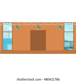 Warehouse hangar buildings. Flat design. Empty storage room. Spacious storage for freight, parcels and goods. Rental and sale of commercial real estate. Distribution center. Supply chain part.  