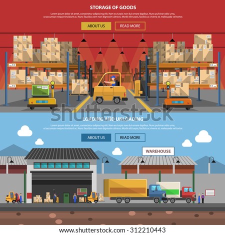 Warehouse horizontal banner set with flat goods storage elements isolated vector illustration