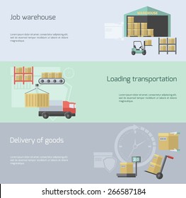 Warehouse horizontal banner set with transportation delivery and logistic elements flat isolated vector illustration