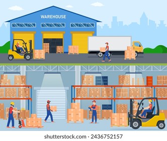 Warehouse horizontal banners with storage workers engaged in loading and unloading of goods. Interior and exterior with trucs and people.Vector illustration in flat style