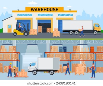 Warehouse horizontal banners with storage workers engaged in loading and unloading of goods. Interior and exterior with trucs and people.Vector illustration in flat style