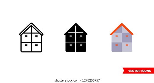 Warehouse icon of 3 types: color, black and white, outline. Isolated vector sign symbol.
