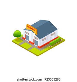 Warehouse icon, big isometric building with label sign on it, with trees and bushes outdoor, vector illustration isolated on white
