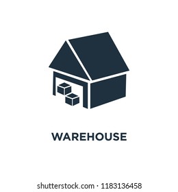 Warehouse icon. Black filled vector illustration. Warehouse symbol on white background. Can be used in web and mobile.