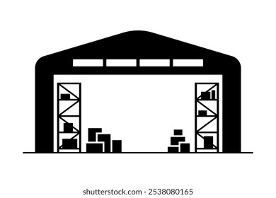 Ícone Depósito. Construção, estrutura. Silhueta preta. Vista frontal. Ilustração gráfica plana simples vetorial. Objeto isolado no plano de fundo branco. Isolar.