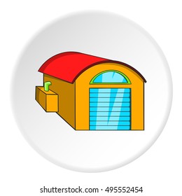 Warehouse icon in cartoon style isolated on white circle background. Storage symbol vector illustration 