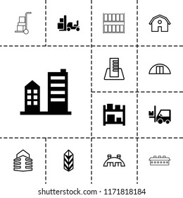 Warehouse icon. collection of 13 warehouse filled and outline icons such as cargo, forklift, building, barn, storage, cargo barn. editable warehouse icons for web and mobile.
