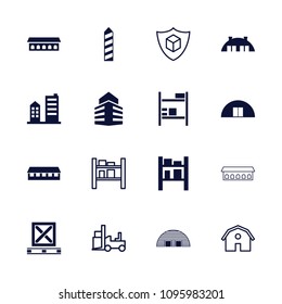 Warehouse icon. collection of 16 warehouse filled and outline icons such as barn, cargo barn, building, forklift. editable warehouse icons for web and mobile.