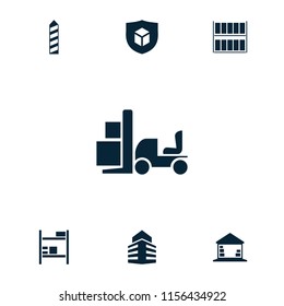 Warehouse icon. collection of 7 warehouse filled icons such as building, forklift, cargo, cargo barn, cargo insurance. editable warehouse icons for web and mobile.