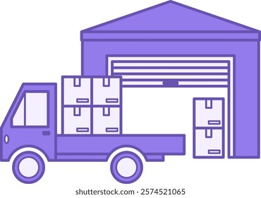 Warehouse Icon Colored. Vector Illustration. Unloading Goods in Warehouse. Car with Cargo, Delivery Service. Logistics Concept