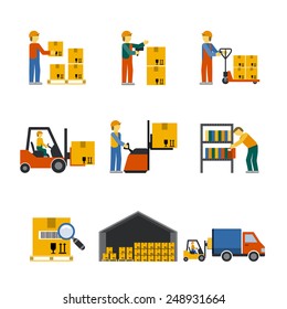 Warehouse icon flat set with forklift cart service manager isolated vector illustration