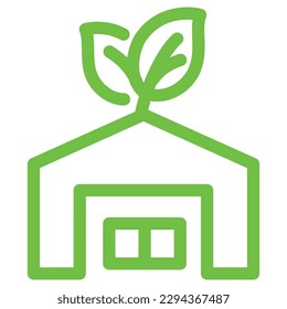 Warehouse icon with leaf.Vector simple line icon for eco, recycle or sustainable products.	