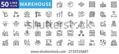 warehouse icon outline pack contains industrial park, large building, perishable product, platform trolley, just in time, loading dock, cold storage, mass production, wholesaler, importer, container