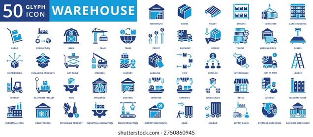 warehouse icon pack contains industrial park, large building, perishable product, platform trolley, just in time, loading dock, cold storage, mass production, wholesaler, importer, container
