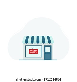 Warehouse icon. Red closed sign. Closed due to Covid-19. Vector illustration, flat design