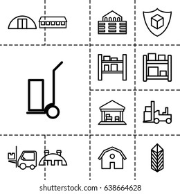 Warehouse icon. set of 13 outline warehouseicons such as barn, forklift, cart cargo, cargo, building