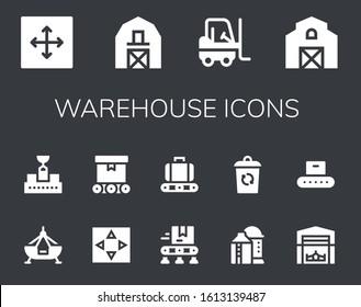 warehouse icon set. 14 filled warehouse icons. Included Move, Barn, Forklift, Fair ship, Conveyor, Silo, Container, Hangar icons