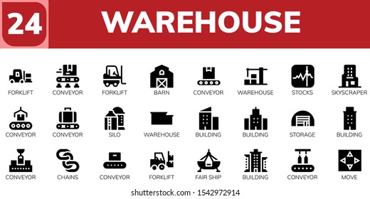 warehouse icon set. 24 filled warehouse icons.  Simple modern icons about  - Forklift, Conveyor, Barn, Warehouse, Stocks, Skyscraper, Silo, Building, Storage, Chains, Fair ship