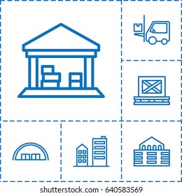 Warehouse icon. set of 6 warehouse outline icons such as barn, cargo on palette, forklift, cargo barn