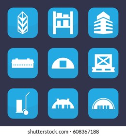 Warehouse icon. set of 9 filled warehouse icons such as barn, cart cargo, cargo on palette