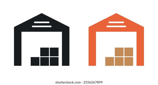 Warehouse icon set in black and colored versions.