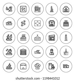 Warehouse icon set. collection of 25 outline warehouse icons with barn, chain, container, conveyor, delivery man, hangar, move, shelf, skyscraper, ship icons. editable icons.