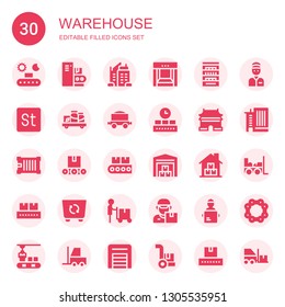 warehouse icon set. Collection of 30 filled warehouse icons included Conveyor, Skyscraper, Shelves, Stock, Shelf, Freight, Ming dynasty tombs, Container, Warehouse, Delivery man