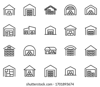 Juego de iconos de almacén. Colección de logotipo de esquema negro de alta calidad para diseño de sitios web y aplicaciones móviles. Ilustración vectorial en fondo blanco.
