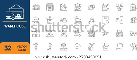 Warehouse Icon Set. Containing logistics, inventory, shipping, worker, distribution, forklift and more. Editable vector Line icons collection.