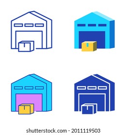 Juego de iconos de almacén en estilo plano y de línea. Construcción de almacenamiento con el símbolo de la caja de paquetes. Ilustración vectorial.