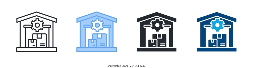 Warehouse Icon Set Multiple Style. Design In Outline, Blue, Glyph, Dualtone