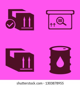 warehouse icon set with square barcode box, oil barrel and parcel box vector illustration