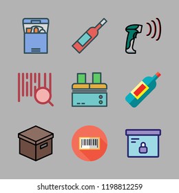 warehouse icon set. vector set about barcode scanner, factory, barcode and wine bottle icons set.
