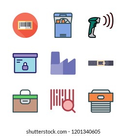 warehouse icon set. vector set about bars code, barcode, box and factory icons set.