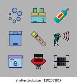 warehouse icon set. vector set about barcode scanner, box, belt and wine bottle icons set.