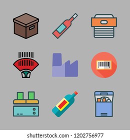 warehouse icon set. vector set about barcode scanner, wine bottle, box and bars code icons set.