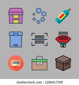 warehouse icon set. vector set about barcode scanner, wine bottle, box and bars code icons set.