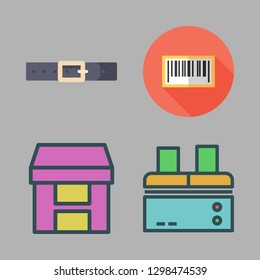 warehouse icon set. vector set about belt, factory, box and bars code icons set.