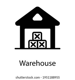 Warehouse icon in solid design, building for storing goods 